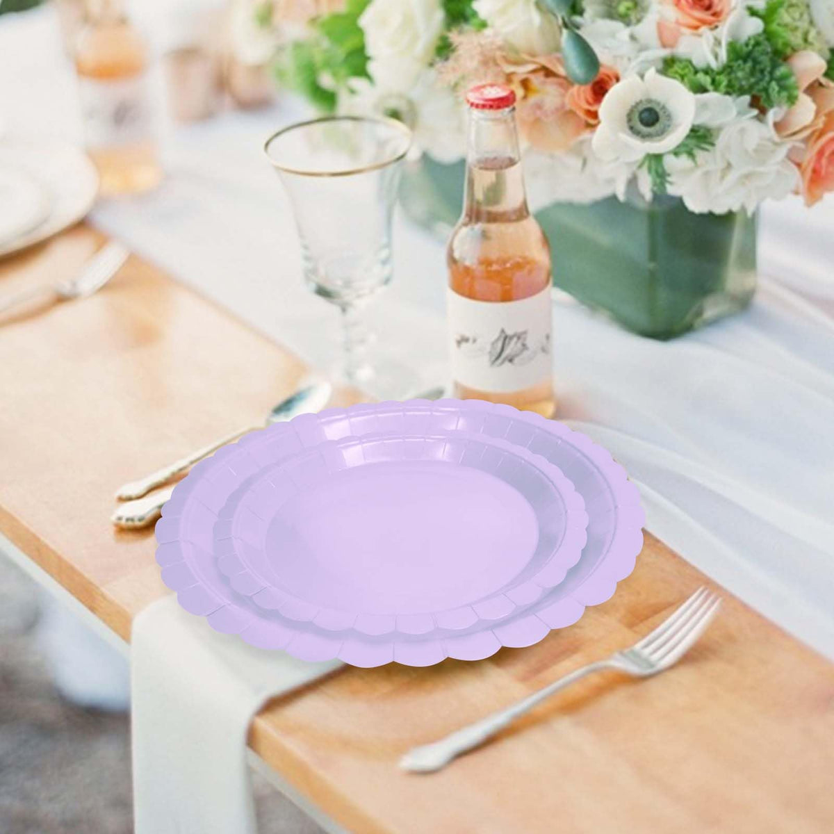 White Scalloped Paper Plates, Royal Blue Trim, 50 Pack
