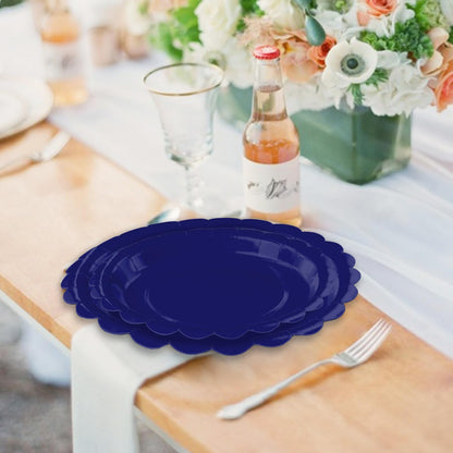 White Scalloped Paper Plates, Royal Blue Trim, 50 Pack