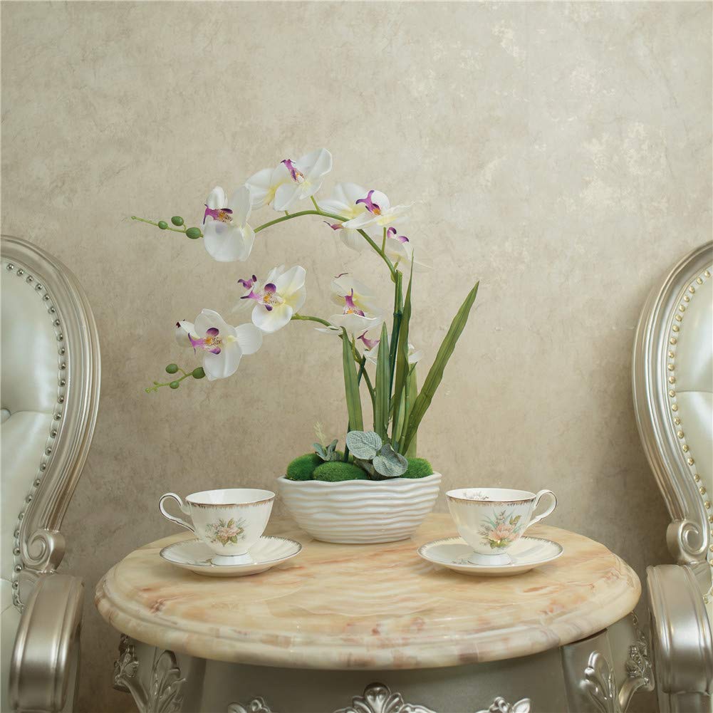 Faux Orchid in Navy Ribbed Ceramic Pot