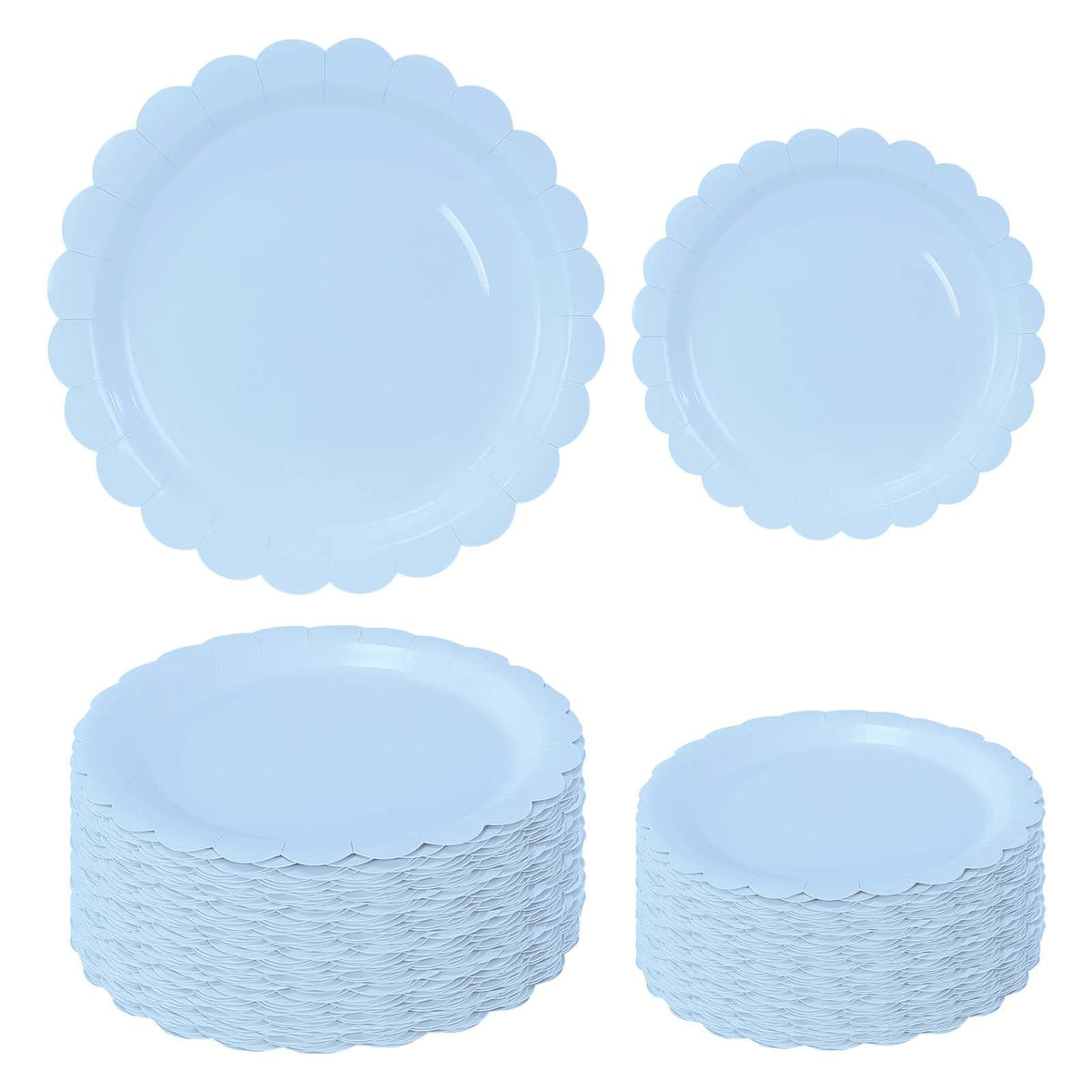White Scalloped Paper Plates, Royal Blue Trim, 50 Pack