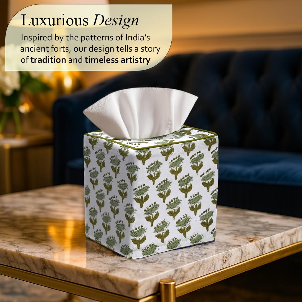 Block Print Cotton Tissue Box Cover, Apatite Blue