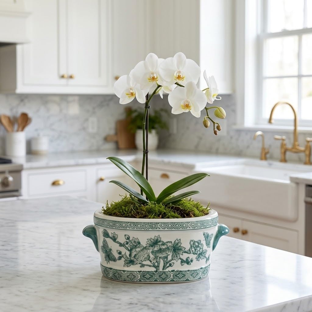 Blue Floral Oval Ceramic Cachepot, 10.6 in