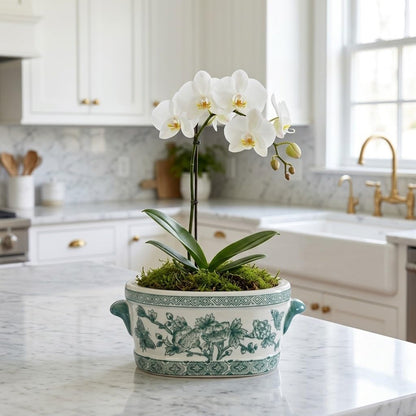 Blue Floral Oval Ceramic Cachepot, 10.6 in