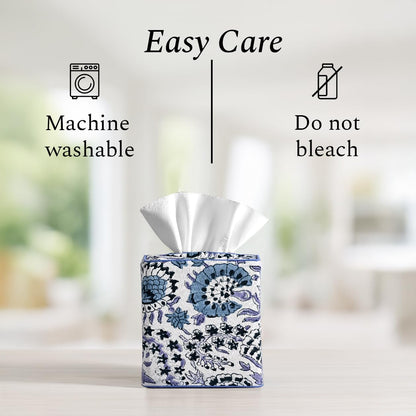 Block Print Cotton Tissue Box Cover, Apatite Blue