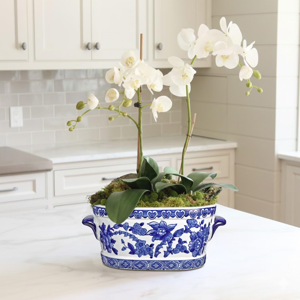 Blue Floral Oval Ceramic Cachepot, 10.6 in