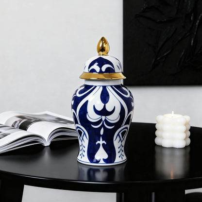 Blue and White Ginger Jar with Gold Trim, 14 Inch