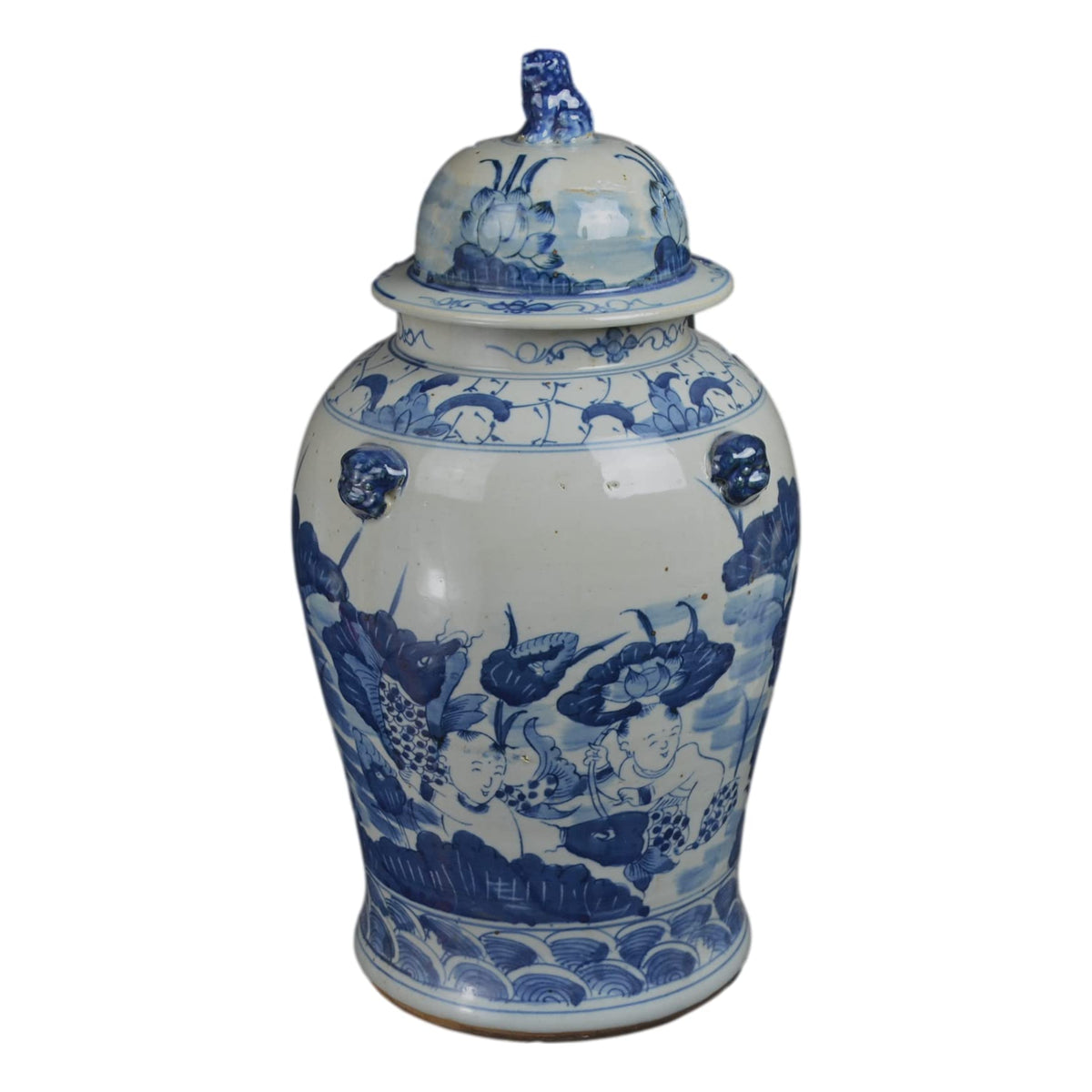 Blue and White Lotus Ginger Jar, 19 Inch