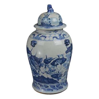 Blue and White Lotus Ginger Jar, 19 Inch