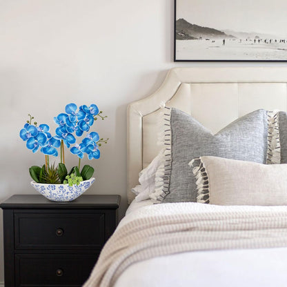 Briful Faux Orchid in Blue and White Boat Vase