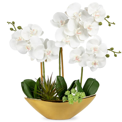 Briful Faux Orchid in Blue and White Boat Vase