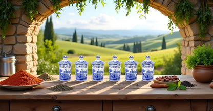 Spode Blue Italian Spice Jars, Set of 6