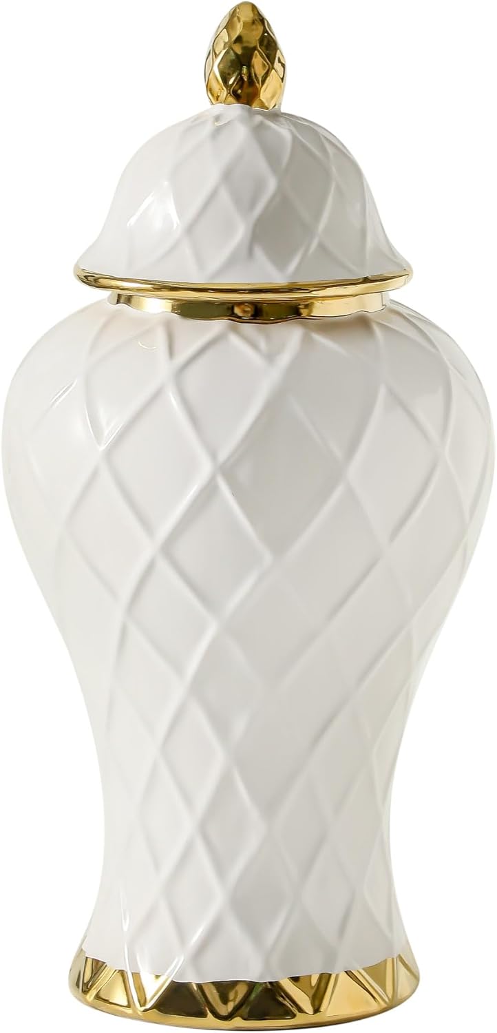 White and Gold Ceramic Ginger Jar, 12 to 18 Inch