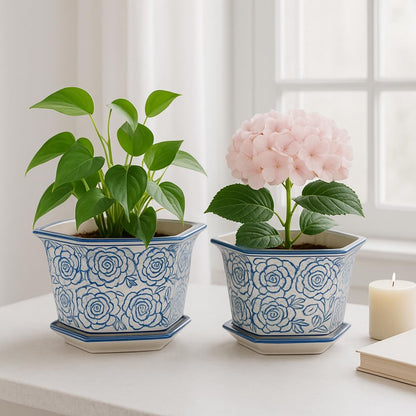 Blue and White Chinoiserie Planters with Saucers, Set of 2