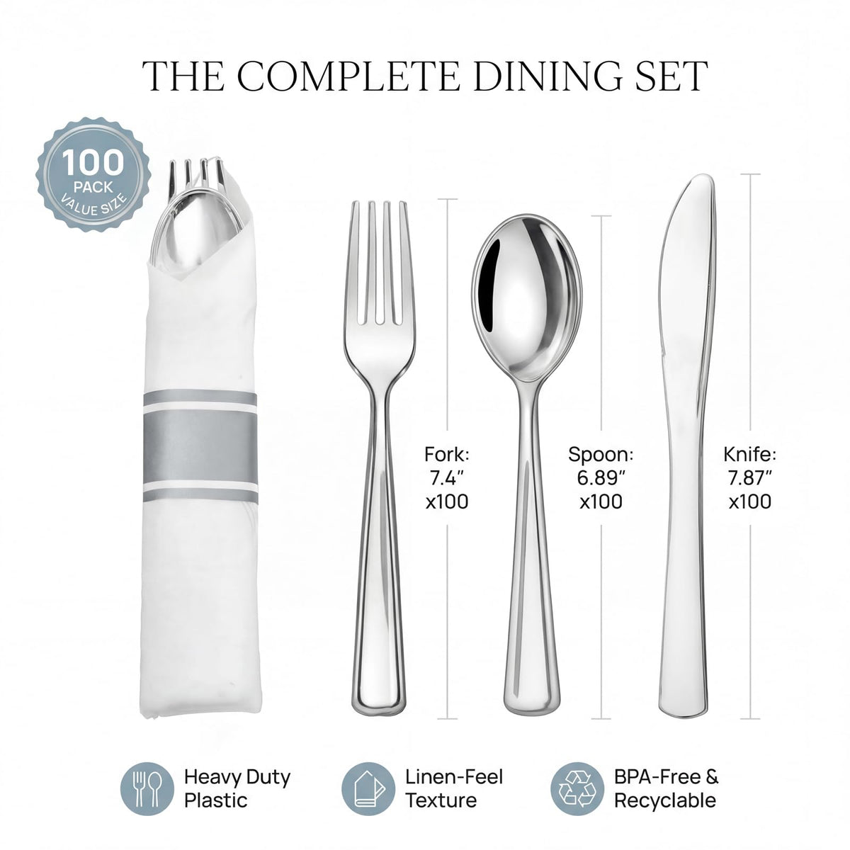 Pre-Rolled Blue Plastic Cutlery with Napkins, 100 Pack
