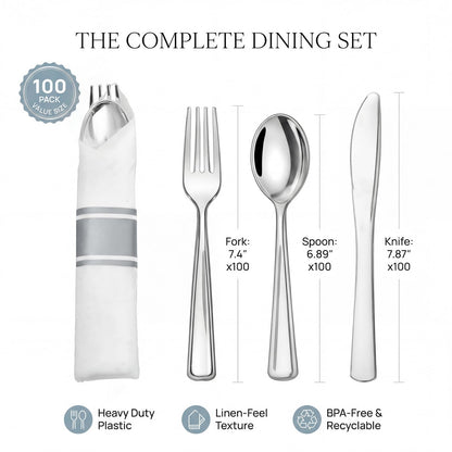 Pre-Rolled Blue Plastic Cutlery with Napkins, 100 Pack