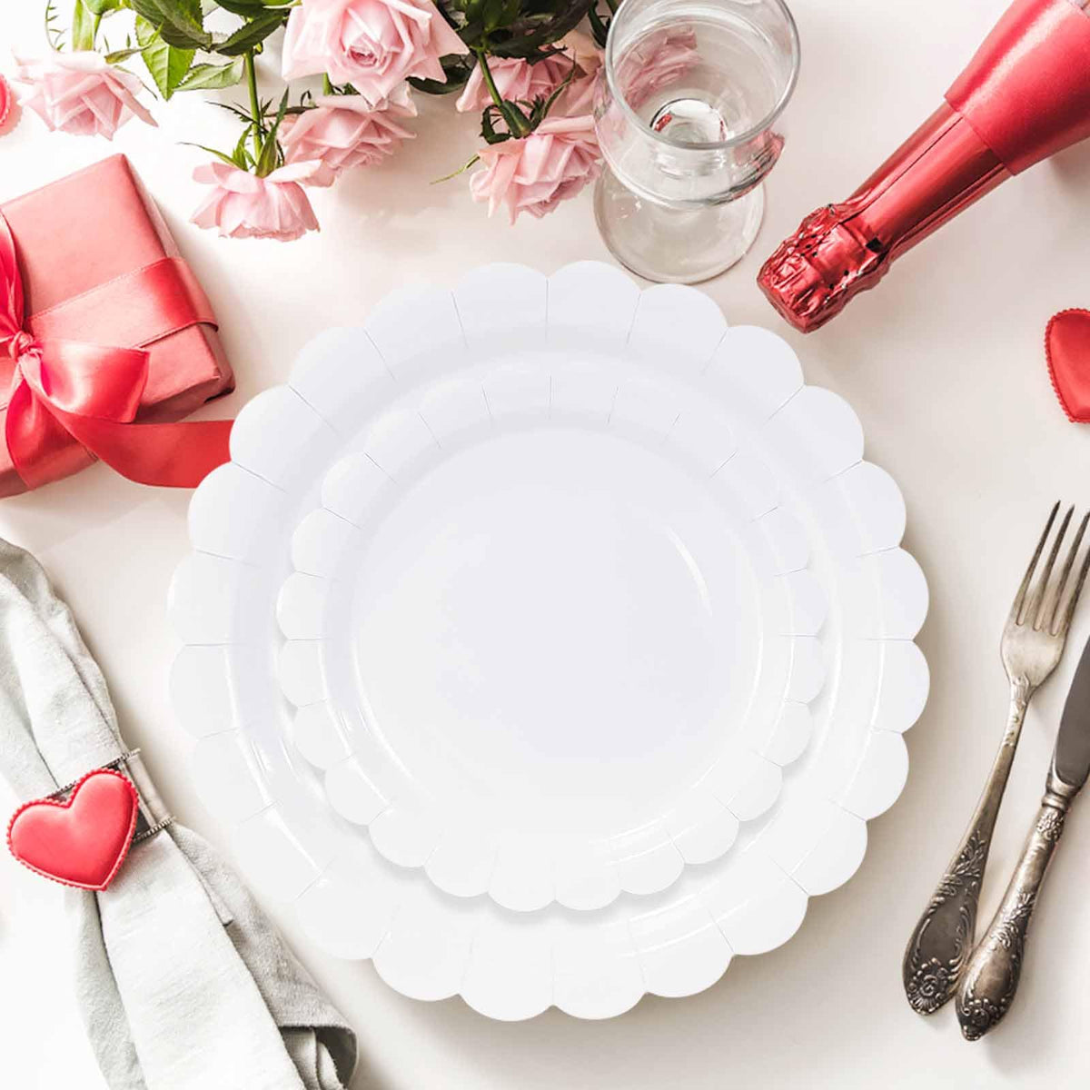 White Scalloped Paper Plates, Royal Blue Trim, 50 Pack