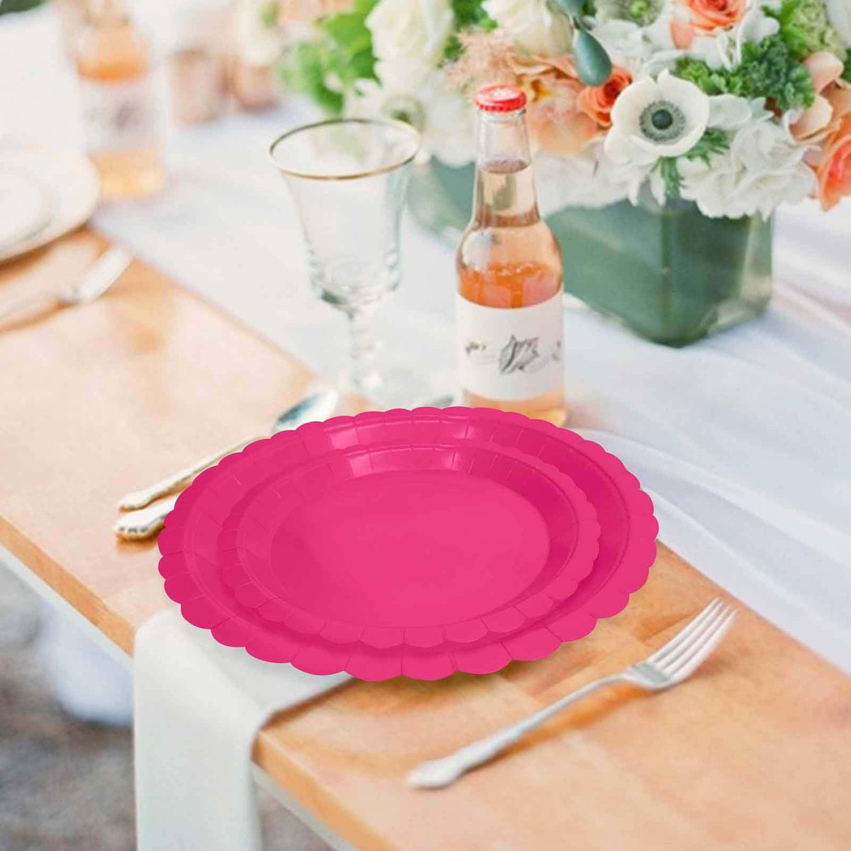 White Scalloped Paper Plates, Royal Blue Trim, 50 Pack