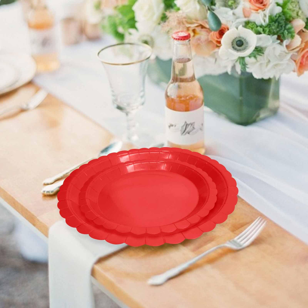 White Scalloped Paper Plates, Royal Blue Trim, 50 Pack