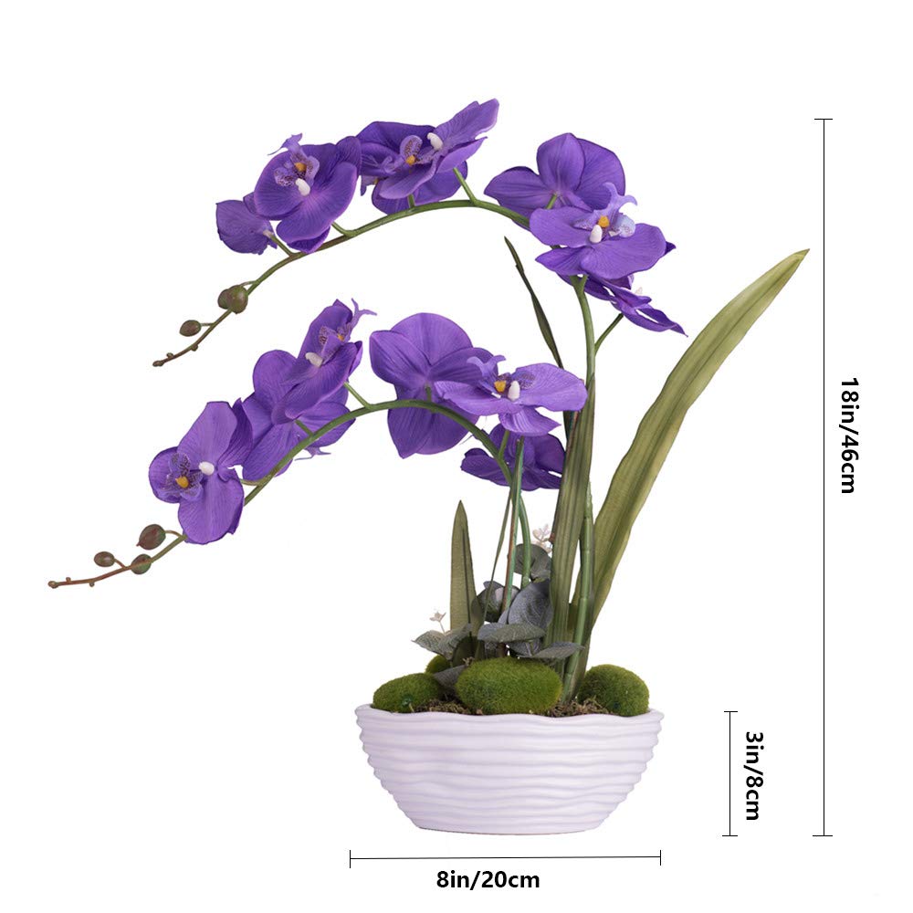 Faux Orchid in Navy Ribbed Ceramic Pot
