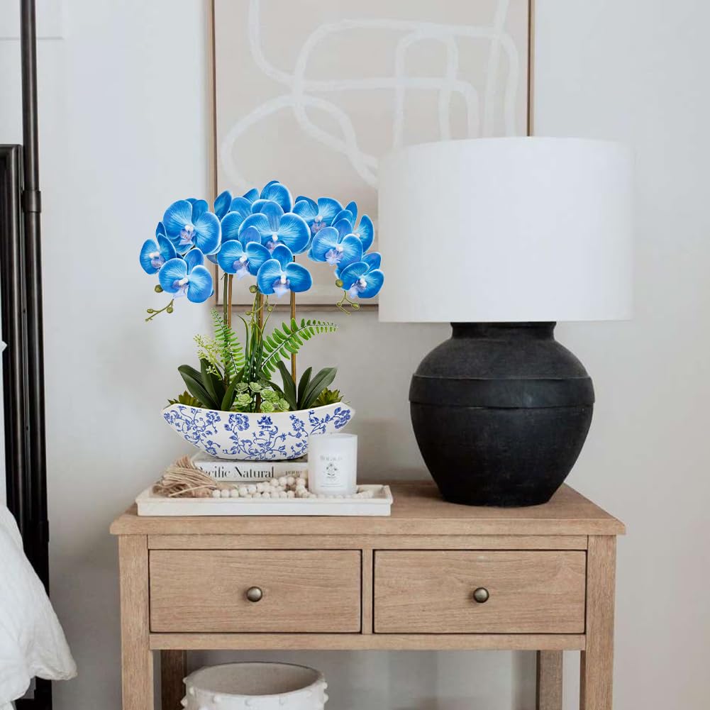 Briful Faux Orchid in Blue and White Boat Vase