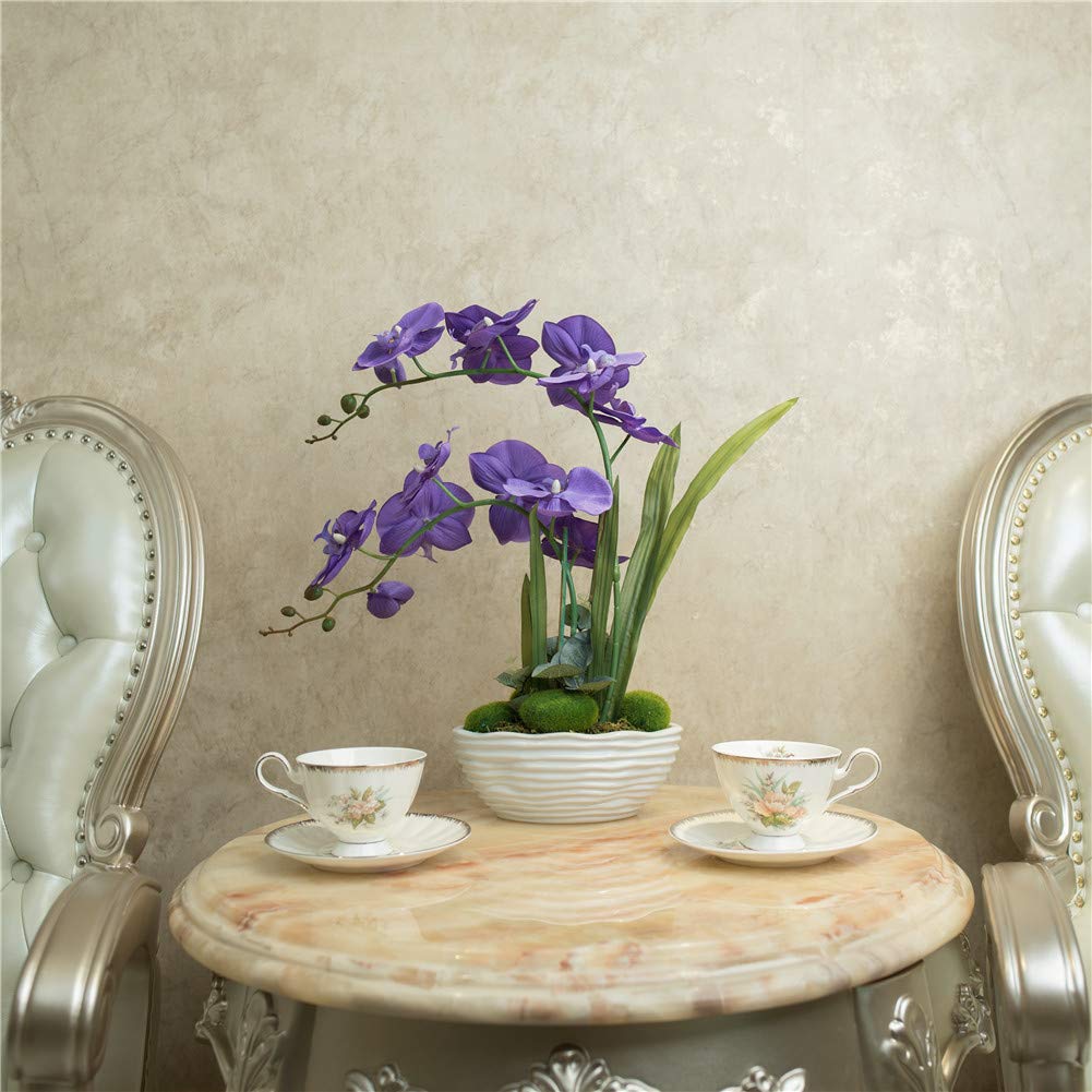 Faux Orchid in Navy Ribbed Ceramic Pot