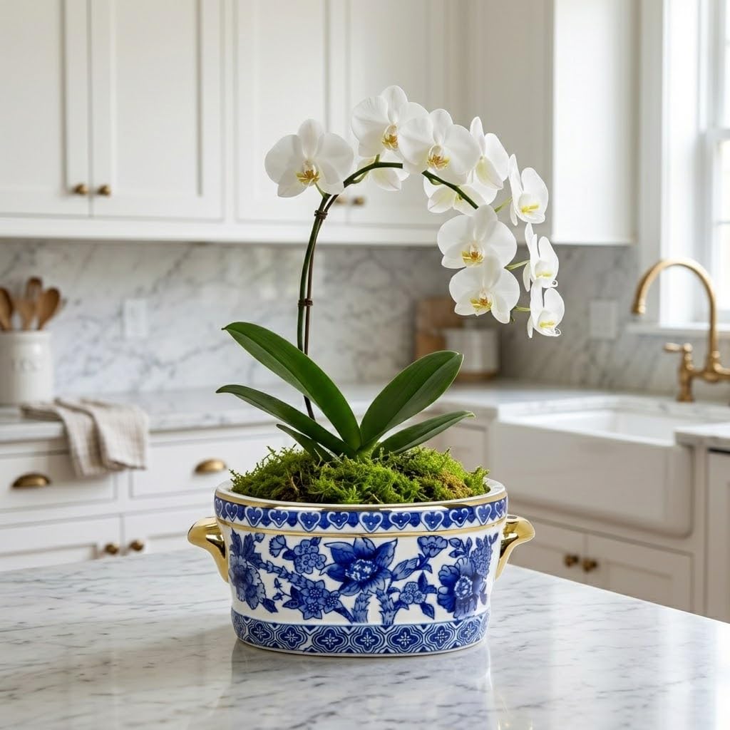 Blue Floral Oval Ceramic Cachepot, 10.6 in