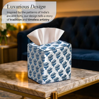 Block Print Cotton Tissue Box Cover, Apatite Blue