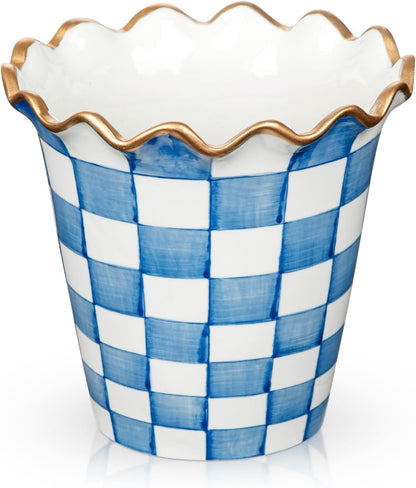 Blue and White Checkered Ceramic Planter, 6 Inch