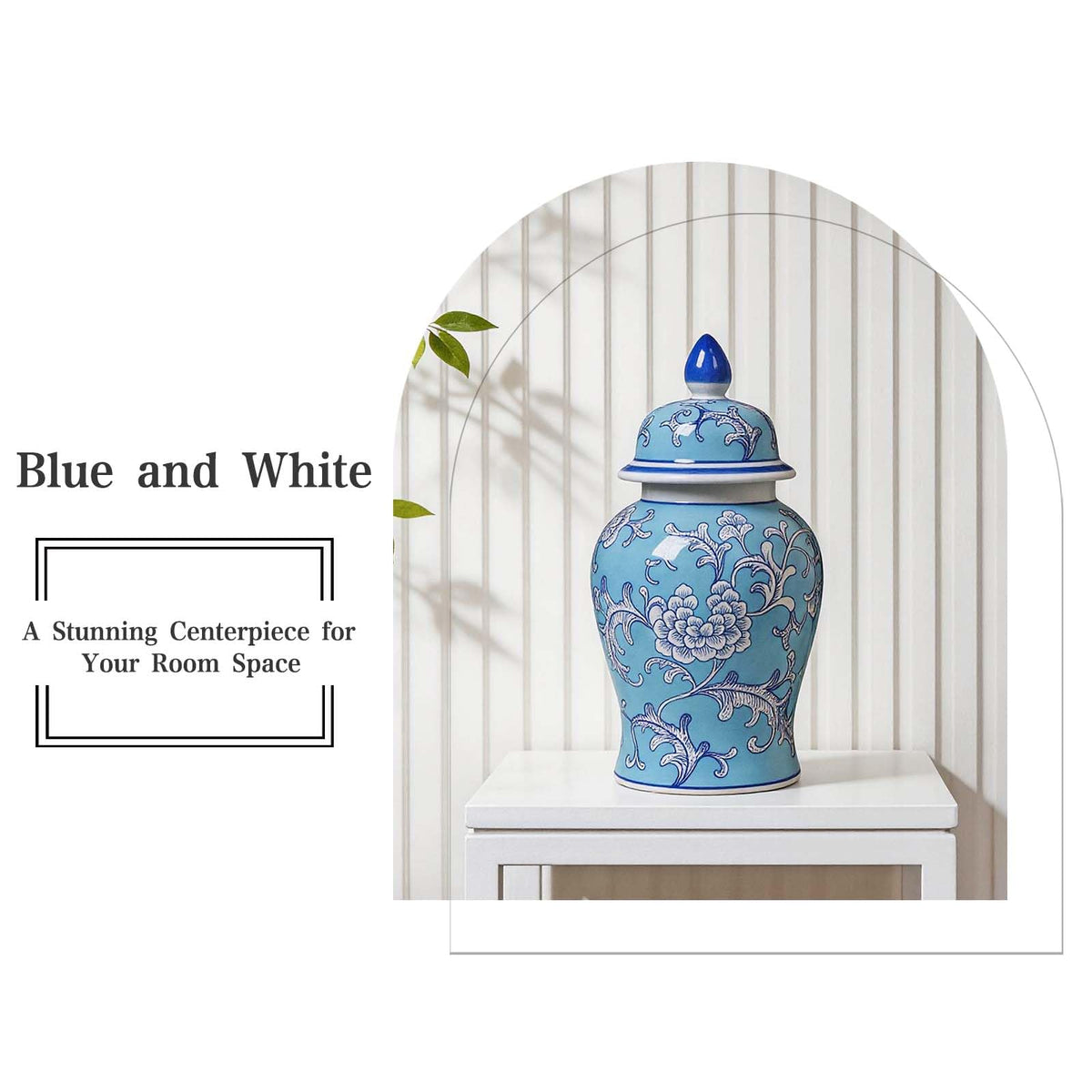 Blue and White Ginger Jar with Gold Trim, 14 Inch