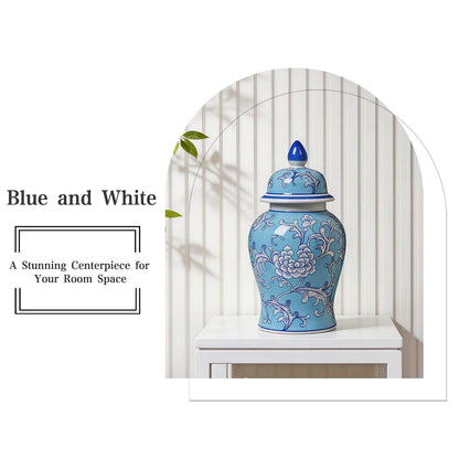 Blue and White Ginger Jar with Gold Trim, 14 Inch