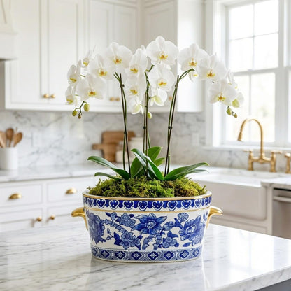 Blue Floral Oval Ceramic Cachepot, 10.6 in