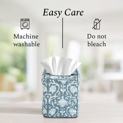 Block Print Cotton Tissue Box Cover, Apatite Blue