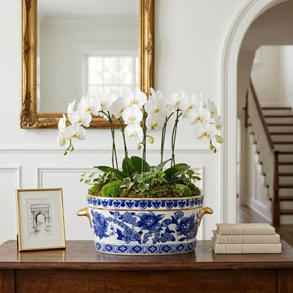 Blue Floral Oval Ceramic Cachepot, 10.6 in