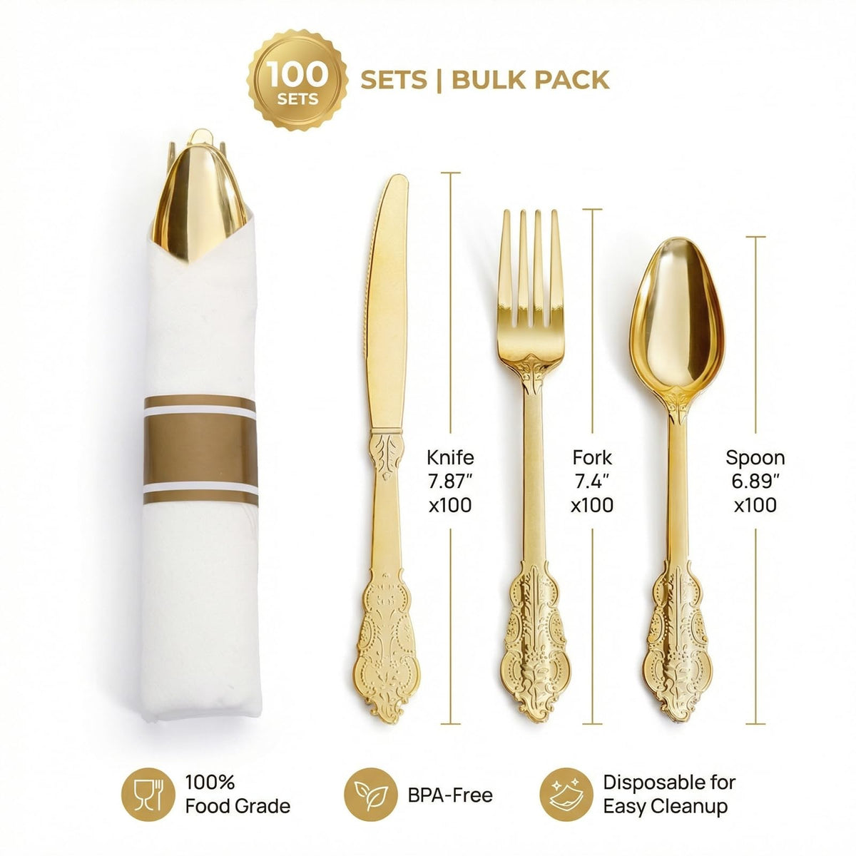 Pre-Rolled Blue Plastic Cutlery with Napkins, 100 Pack