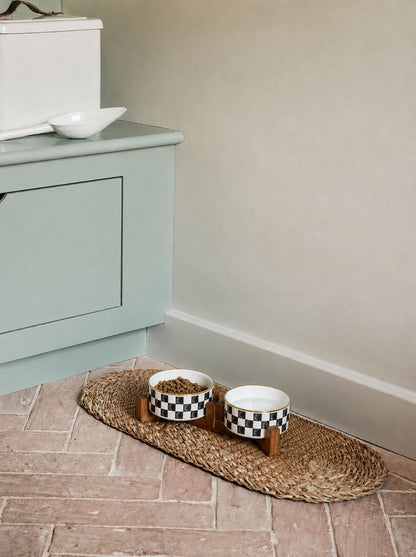 Blue and White Checkered Ceramic Dog Bowls