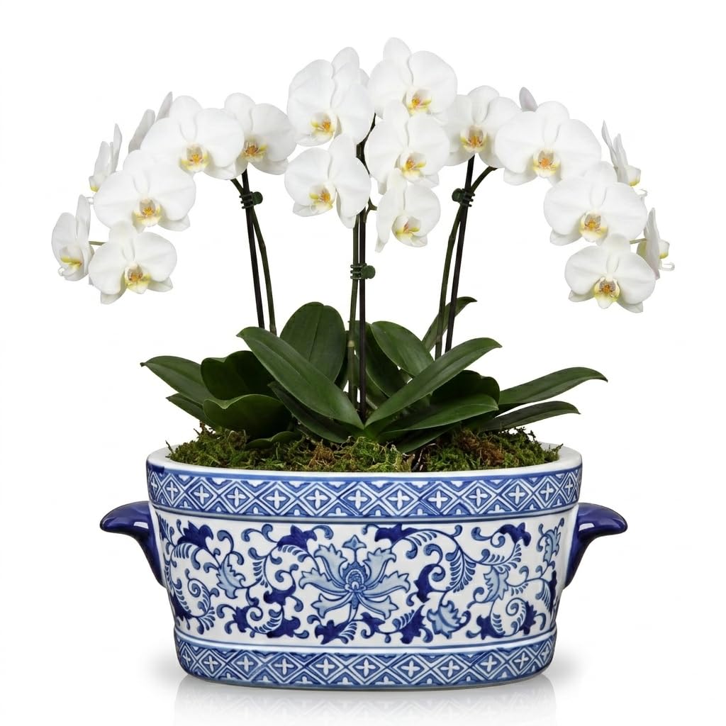 Blue Floral Oval Ceramic Cachepot, 10.6 in