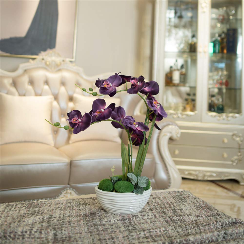 Faux Orchid in Navy Ribbed Ceramic Pot