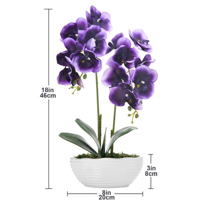 Faux Orchid in Navy Ribbed Ceramic Pot
