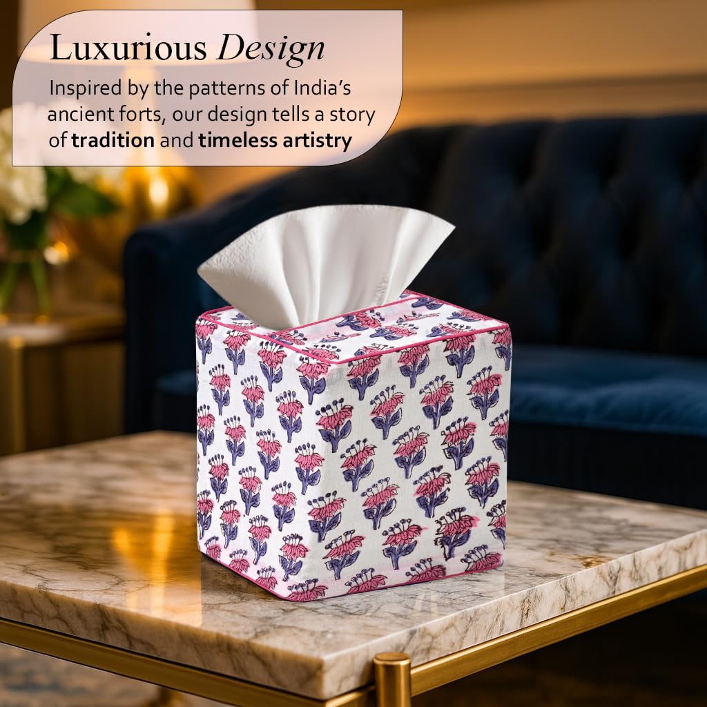 Block Print Cotton Tissue Box Cover, Apatite Blue