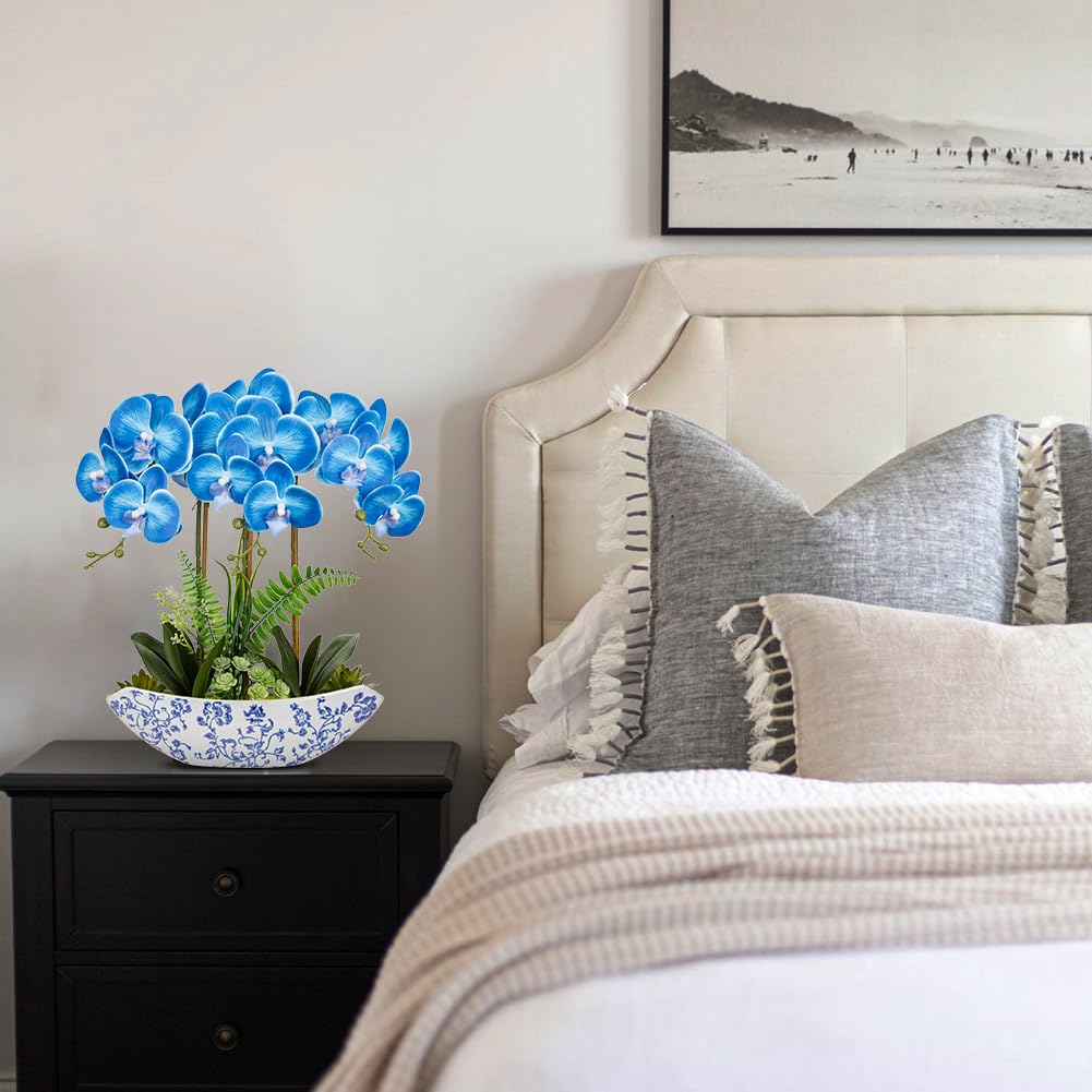 Briful Faux Orchid in Blue and White Boat Vase