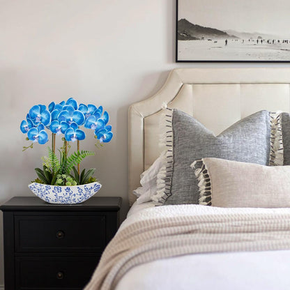 Briful Faux Orchid in Blue and White Boat Vase
