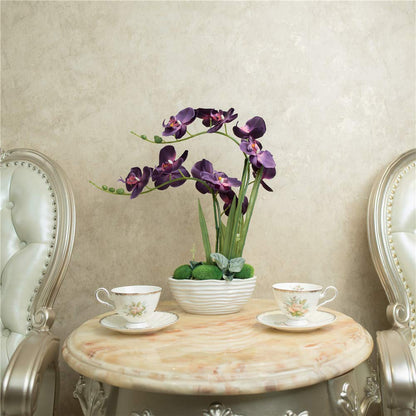 Faux Orchid in Navy Ribbed Ceramic Pot
