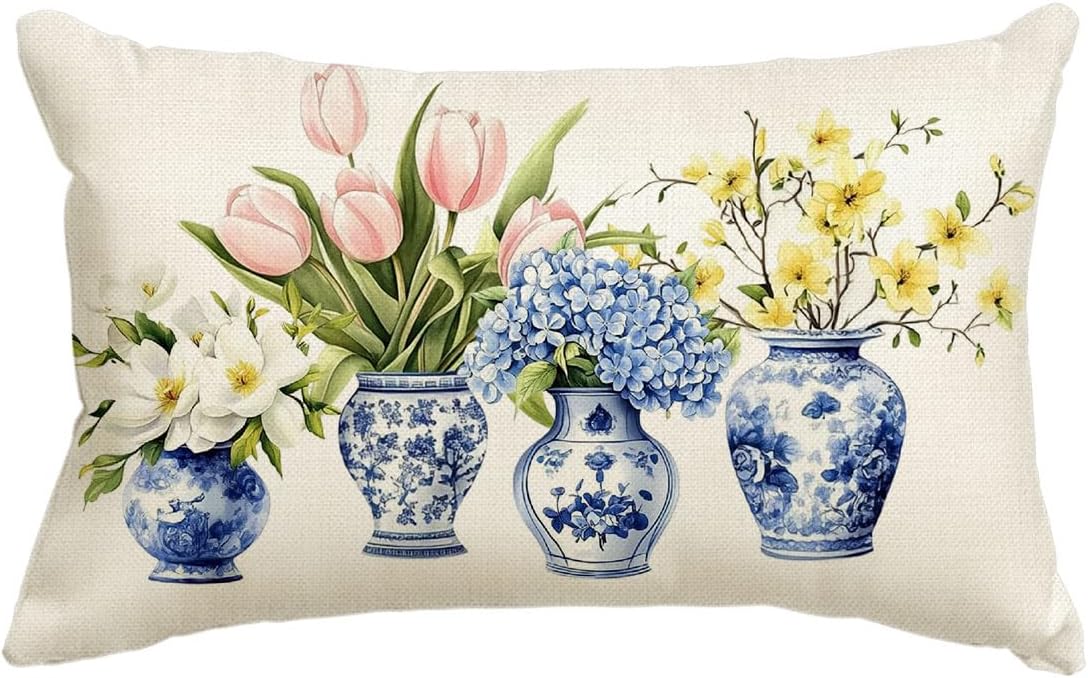 Chinoiserie Vase Lumbar Pillow Cover, 12 x 20 Inch