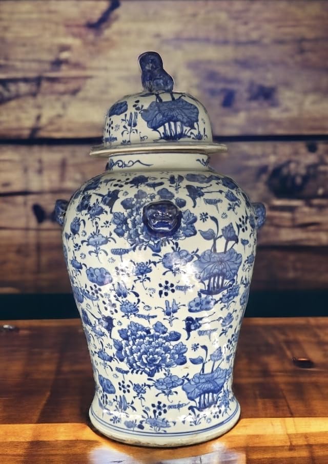 Blue and White Lotus Ginger Jar, 19 Inch