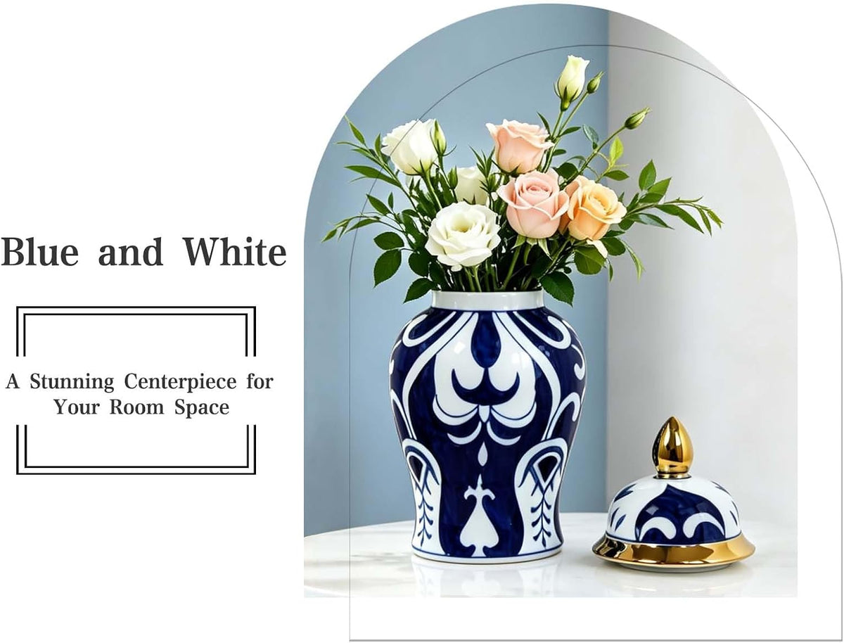 Blue and White Ginger Jar with Gold Trim, 14 Inch