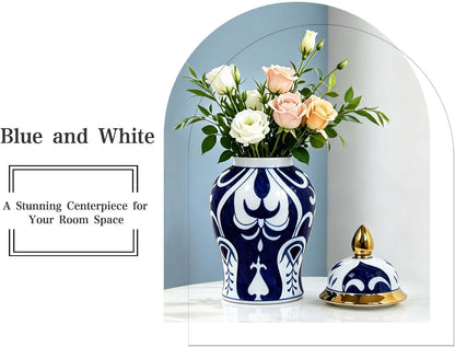 Blue and White Ginger Jar with Gold Trim, 14 Inch