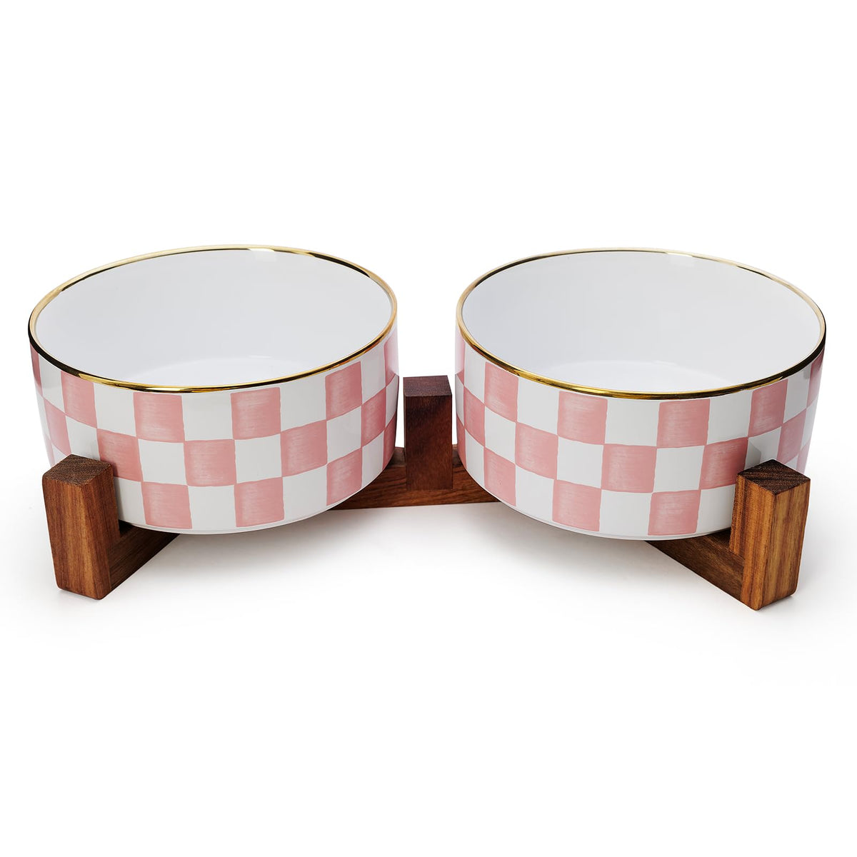 Blue and White Checkered Ceramic Dog Bowls
