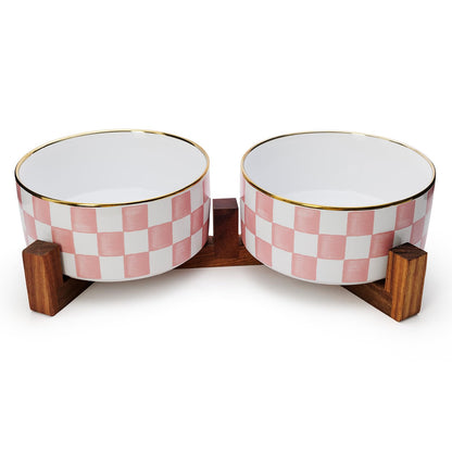 Blue and White Checkered Ceramic Dog Bowls