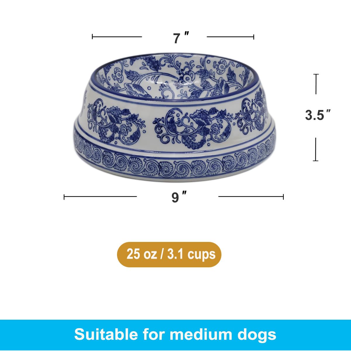Hand-Painted Blue and White Ceramic Pet Bowl