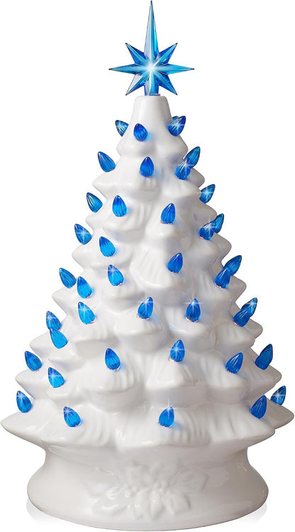Hand Painted Ceramic Christmas Tree, 15 Inch Pre-Lit